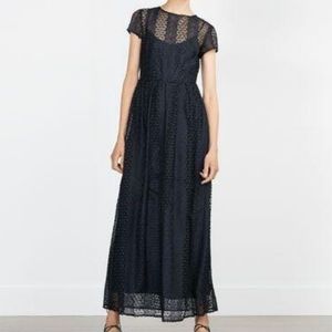 Zara Crochet Lace Overlay Maxi Dress Navy Blue Black Gown Small